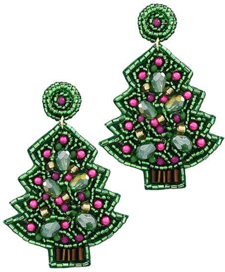Green Beaded Christmas Tree Earrings | Holiday Earrings