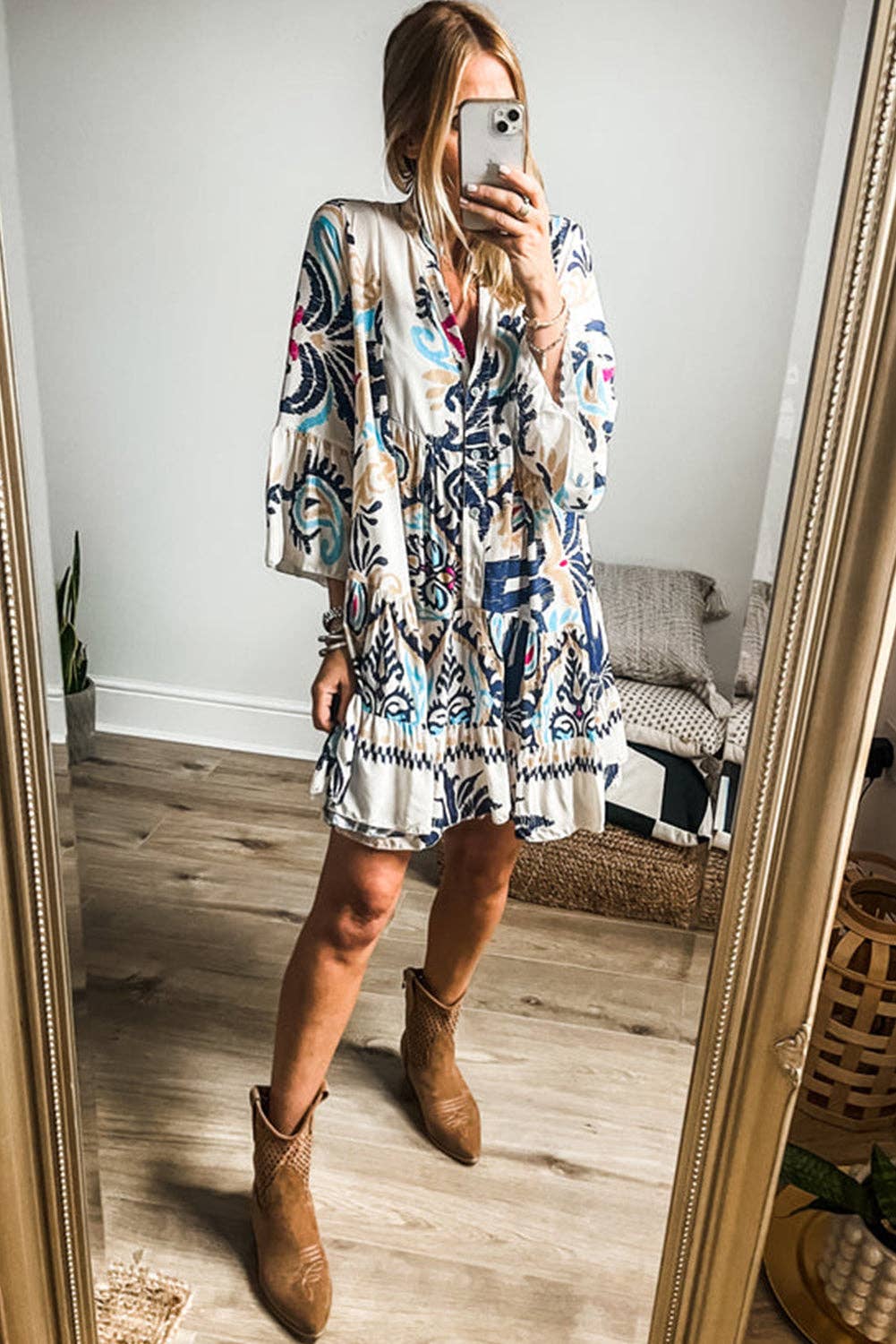 White Printed Bracelet Sleeve Buttoned Mini Dress