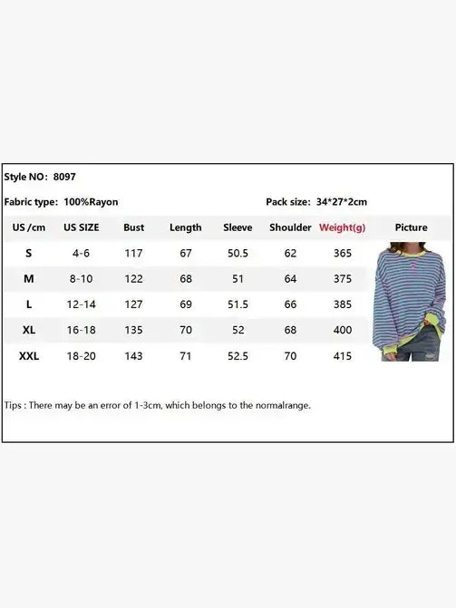 Striped long sleeve women's top size chart with measurements, fabric details, and product image.