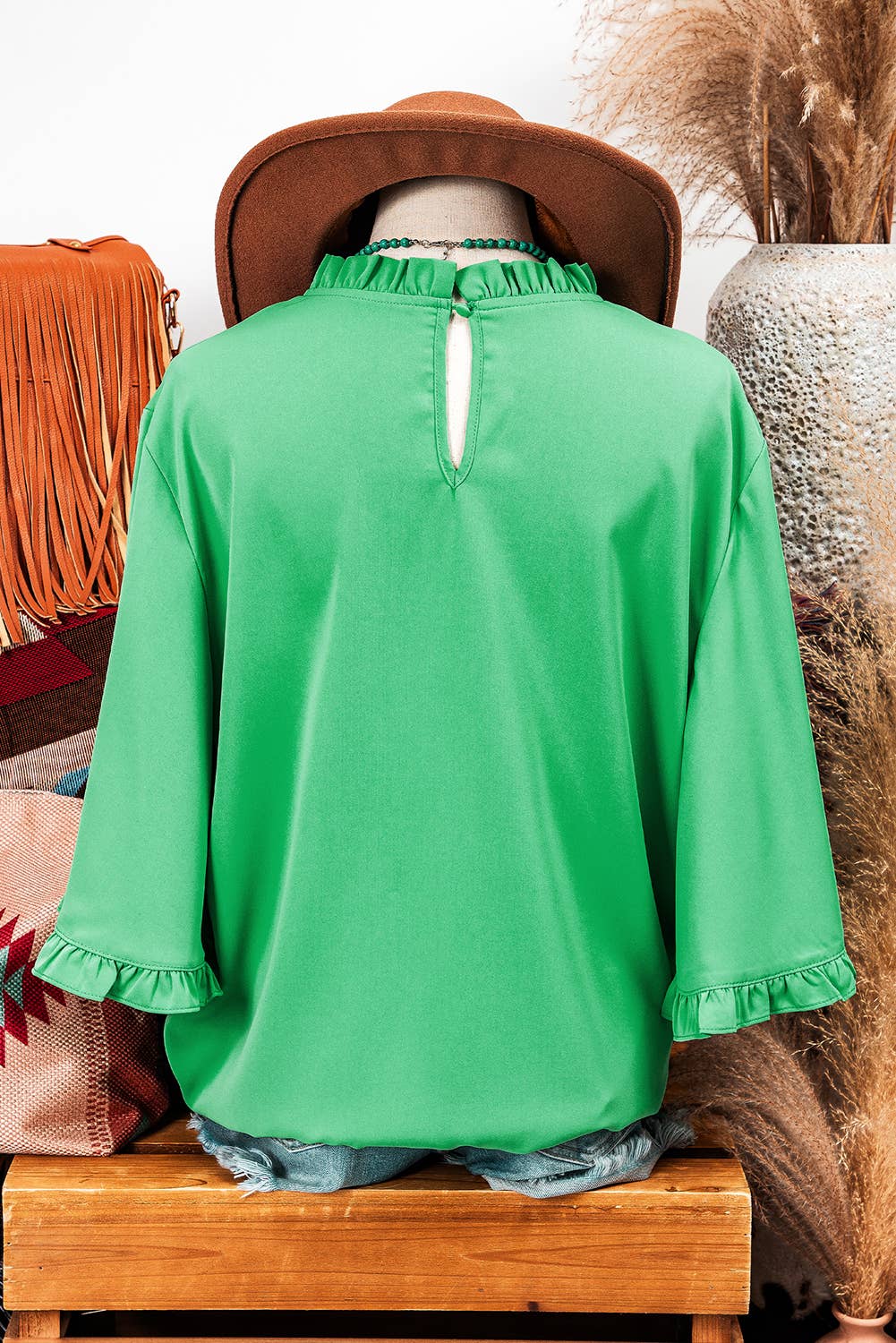 Frilly Round Neck Wide Half Sleeve Blouse