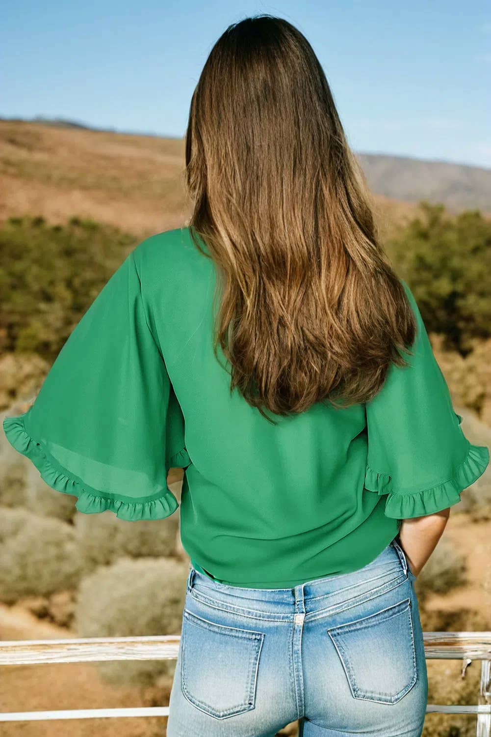 Frilly Round Neck Wide Half Sleeve Blouse