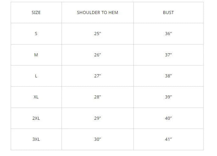 Size chart for women's apparel with measurements for shoulder to hem and bust