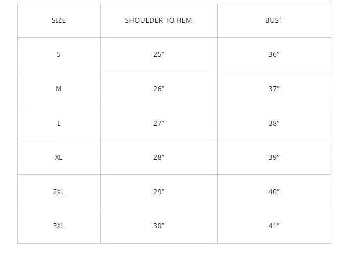 Size chart for women's apparel with measurements for shoulder to hem and bust