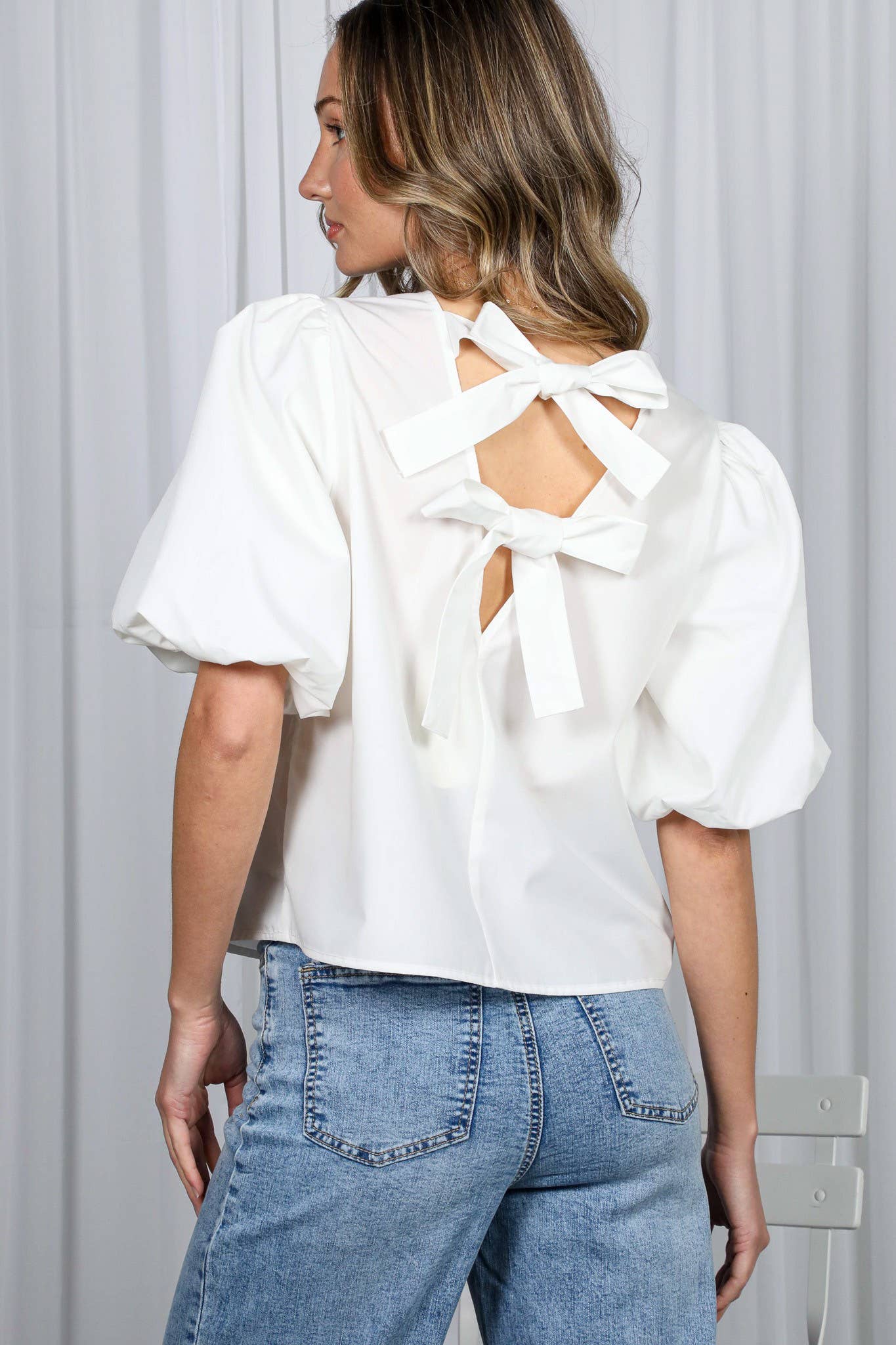 Bubble Sleeve V-Back 2 Bow Detail Blouse Top