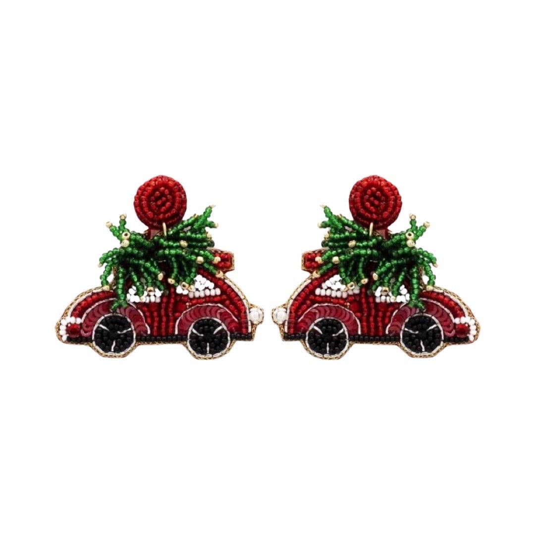 Beaded Christmas Tree Car Earring | Holiday Earrings