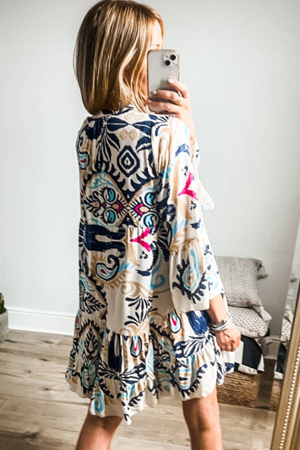 White Printed Bracelet Sleeve Buttoned Mini Dress