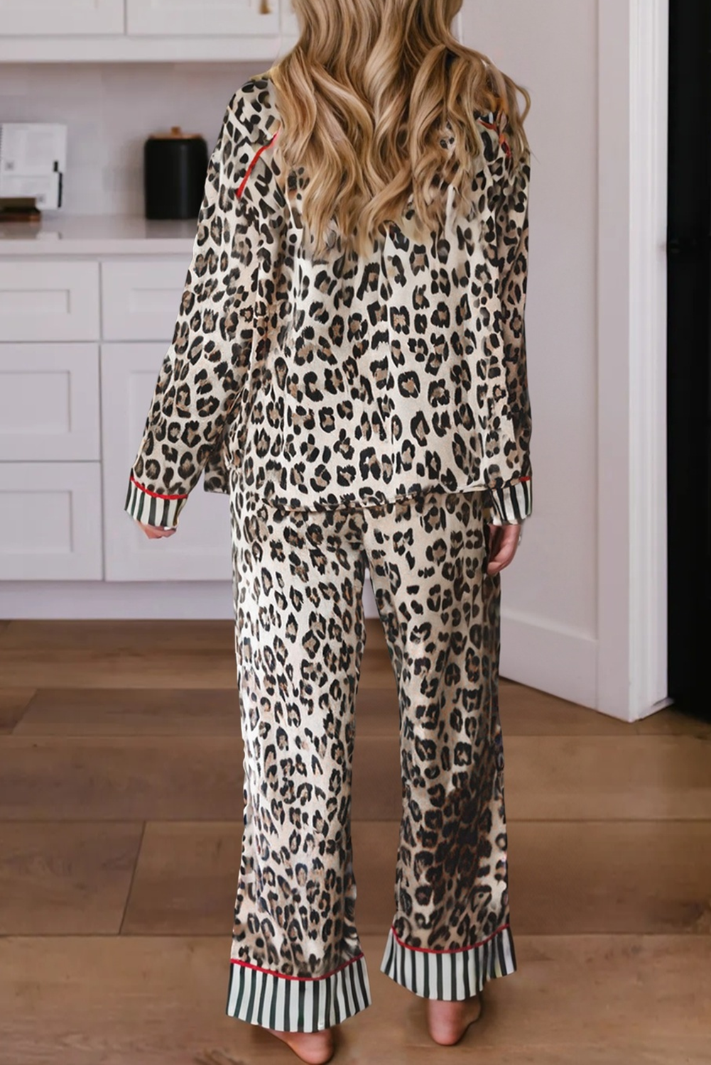 LDC Leopard Colorblock Edge Shirt and Pants Pajama Set