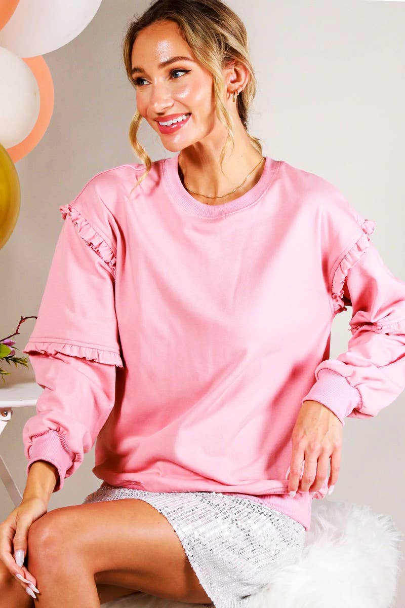 Crew Neck Ruffle Detail French Terry Sweatshirt VT70083