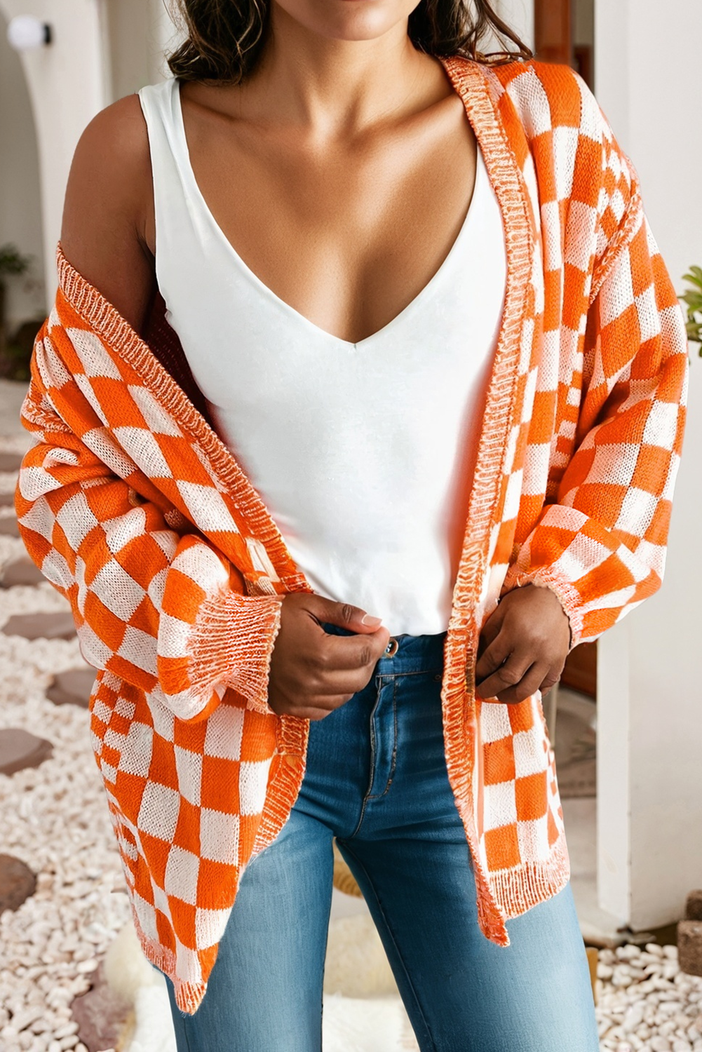 LDC Checkered Open Front Drop Shoulder Cardigan | S-4X