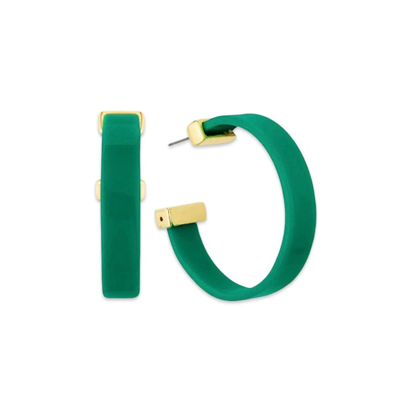 Green hoop earrings with gold-tone accents on a white background