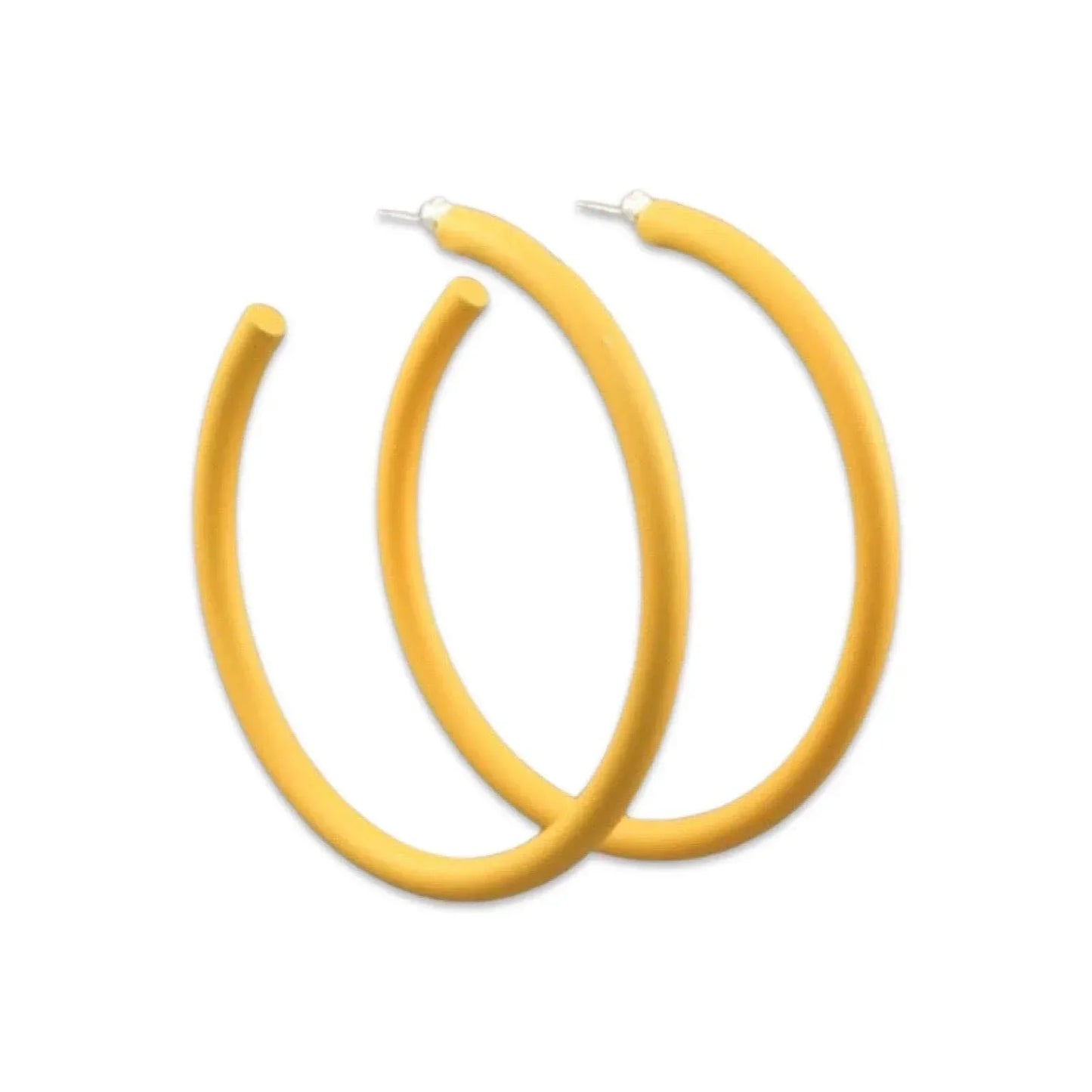 Yellow hoop earrings pair on white background, minimalist fashion jewelry