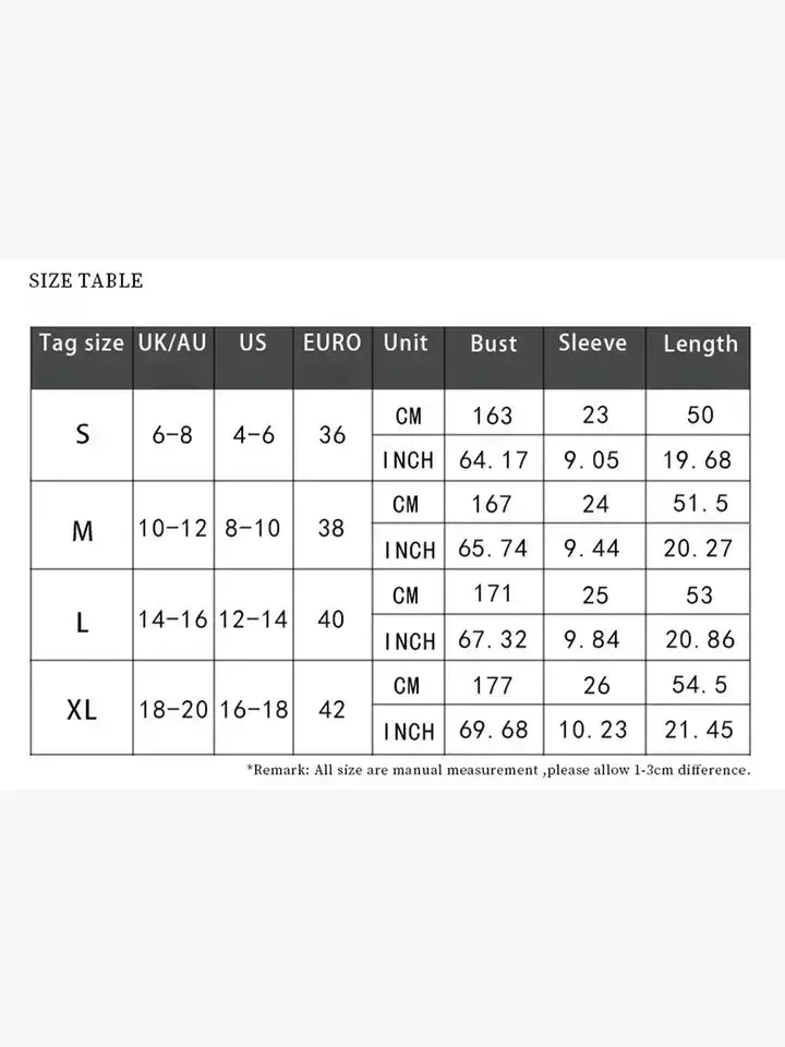 Women's clothing size chart with bust, sleeve, and length in cm and inches for S to XL.