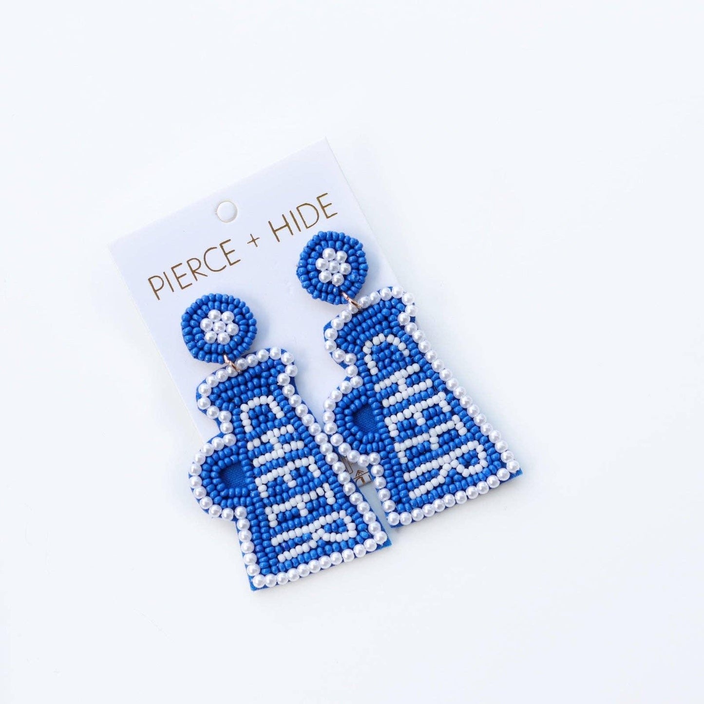 Blue and white beaded earrings with geometric pattern, stylish fashion accessory