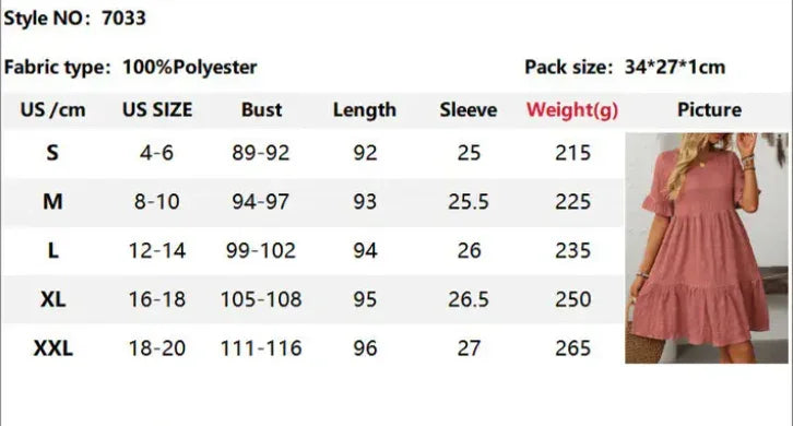 Pink tiered dress with short sleeves, size chart for 100% polyester fabric, stylish women's apparel