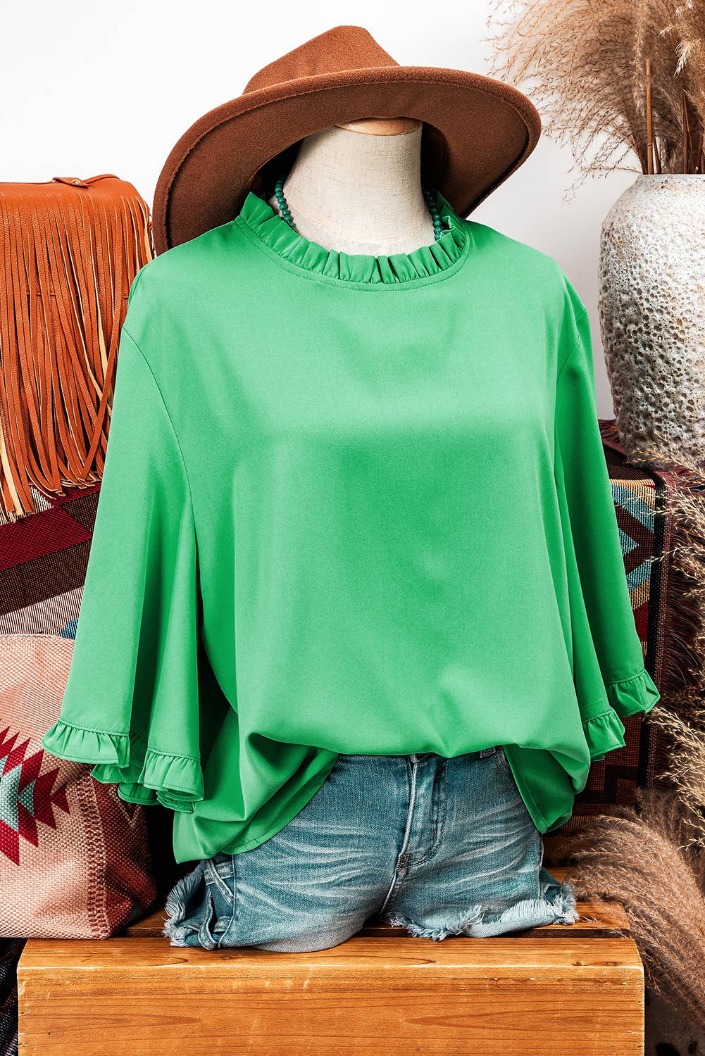 Frilly Round Neck Wide Half Sleeve Blouse