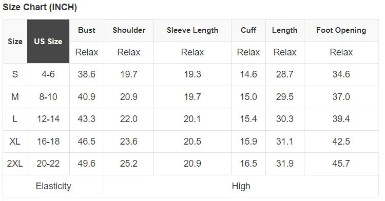 Women's clothing size chart in inches with US sizes S to 2XL, showing bust, shoulder, sleeve length, cuff, length, and foot opening measurements.