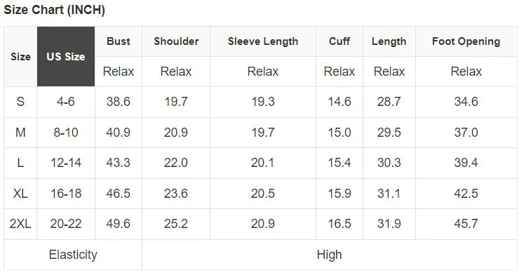 Women's clothing size chart in inches with US sizes S to 2XL, showing bust, shoulder, sleeve length, cuff, length, and foot opening measurements.