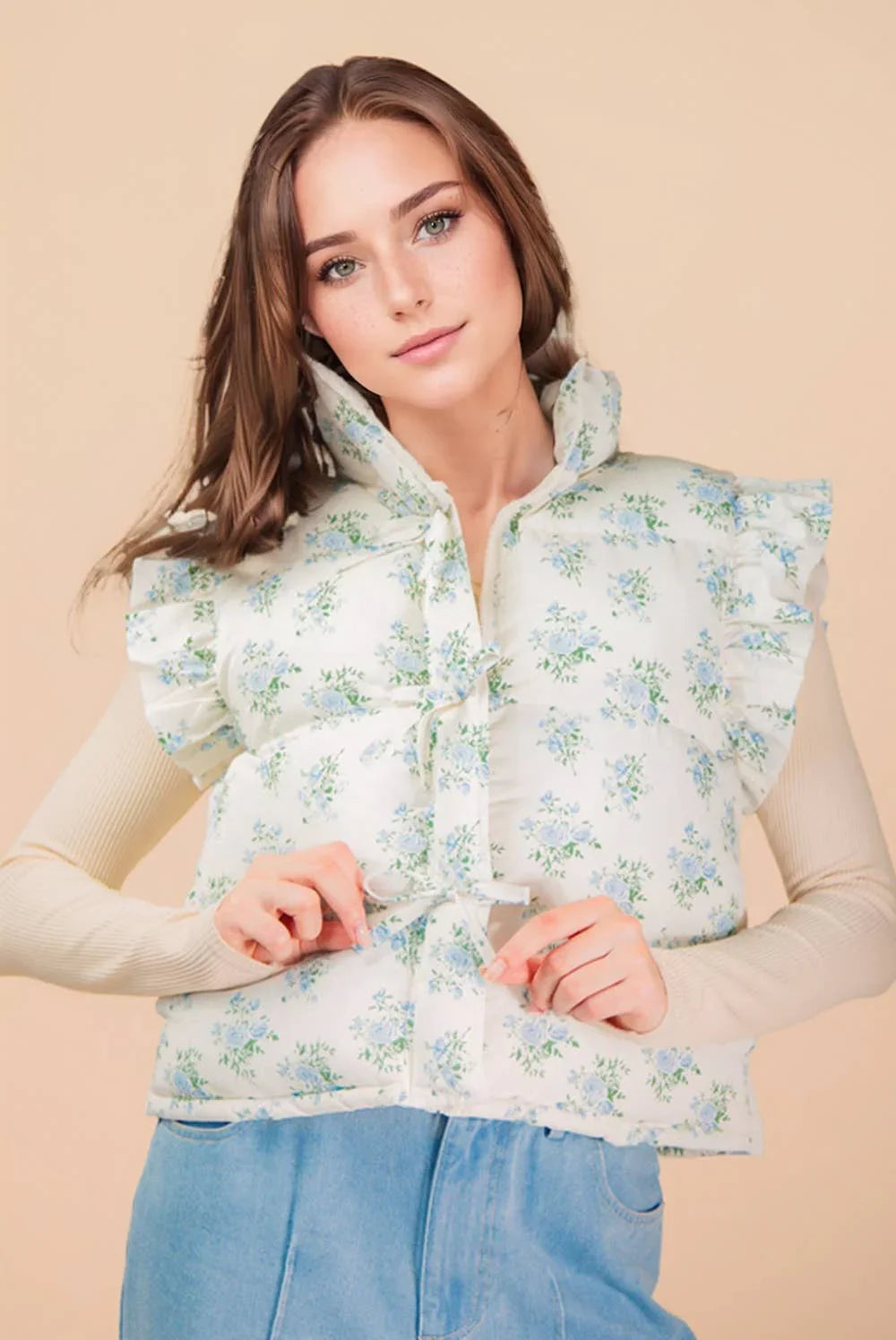 Front Bow Ruffle Sleeve Puffer Vest