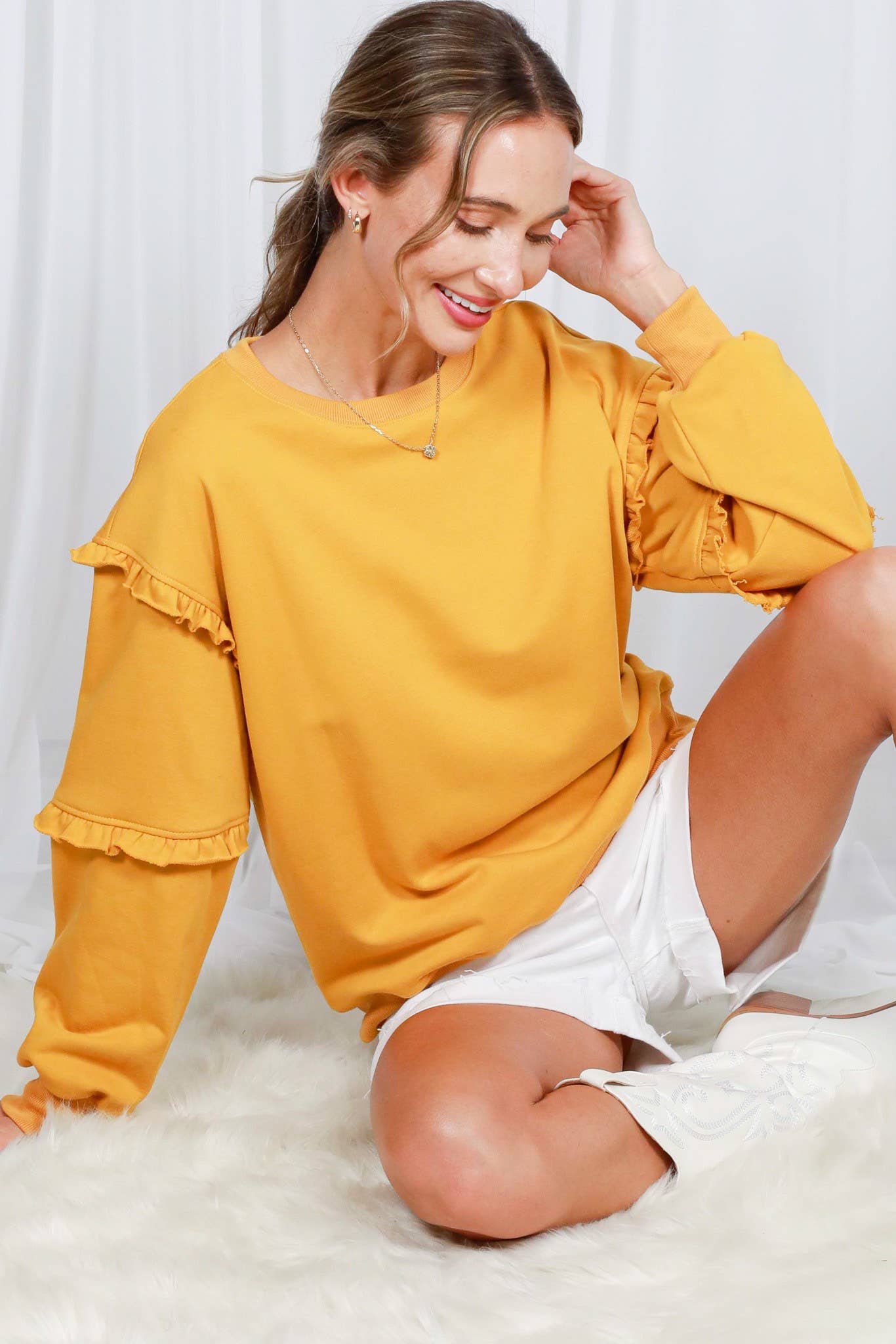 Crew Neck Ruffle Detail French Terry Sweatshirt VT70083