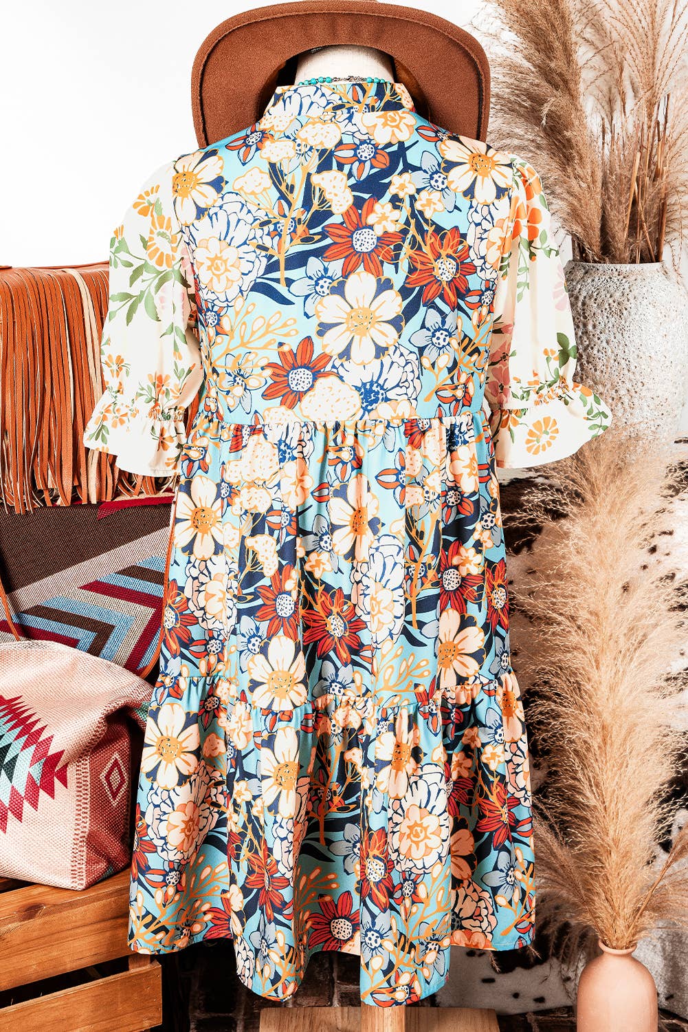 Boho Floral Crochet Patchwork Loose Mini Dress