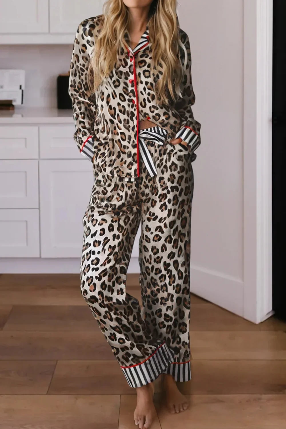 Leopard print pajama set with striped cuffs and red trim, stylish women's loungewear