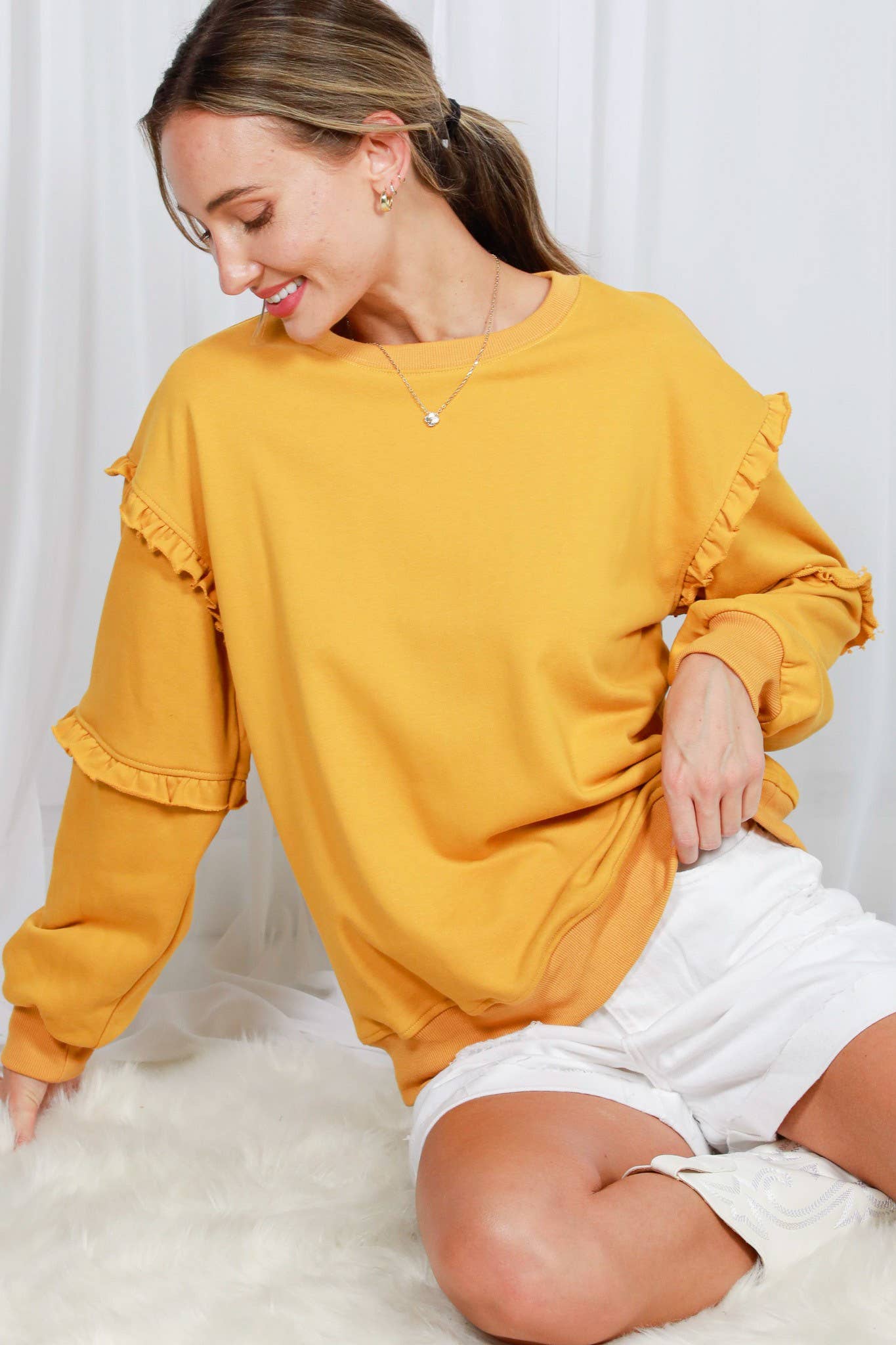Crew Neck Ruffle Detail French Terry Sweatshirt VT70083