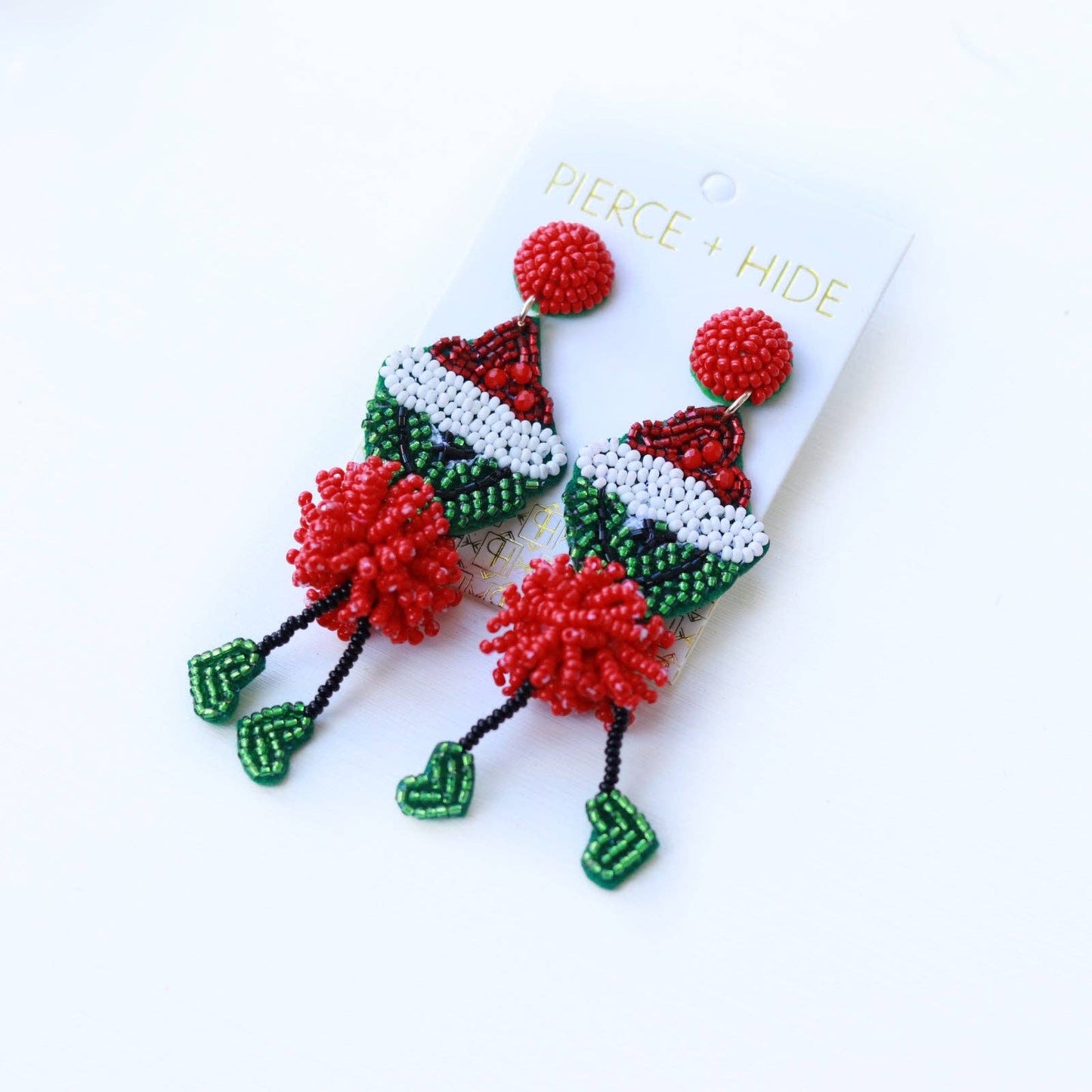 Custom Beaded Leggy Grinch Earring| Pom Grinch Drop