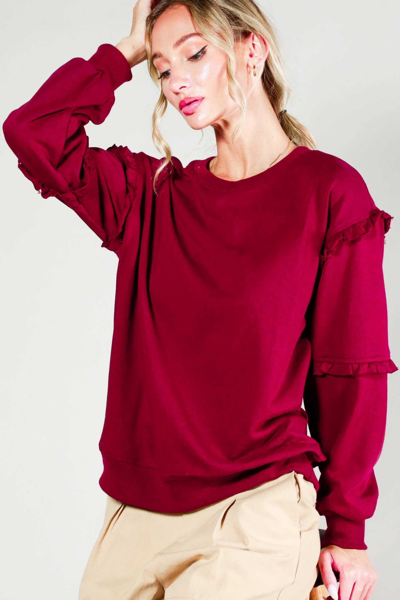 Crew Neck Ruffle Detail French Terry Sweatshirt VT70083
