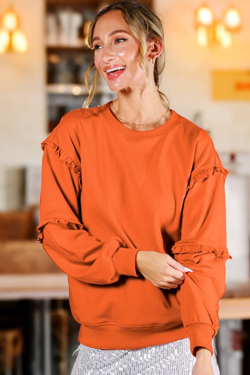 Crew Neck Ruffle Detail French Terry Sweatshirt VT70083