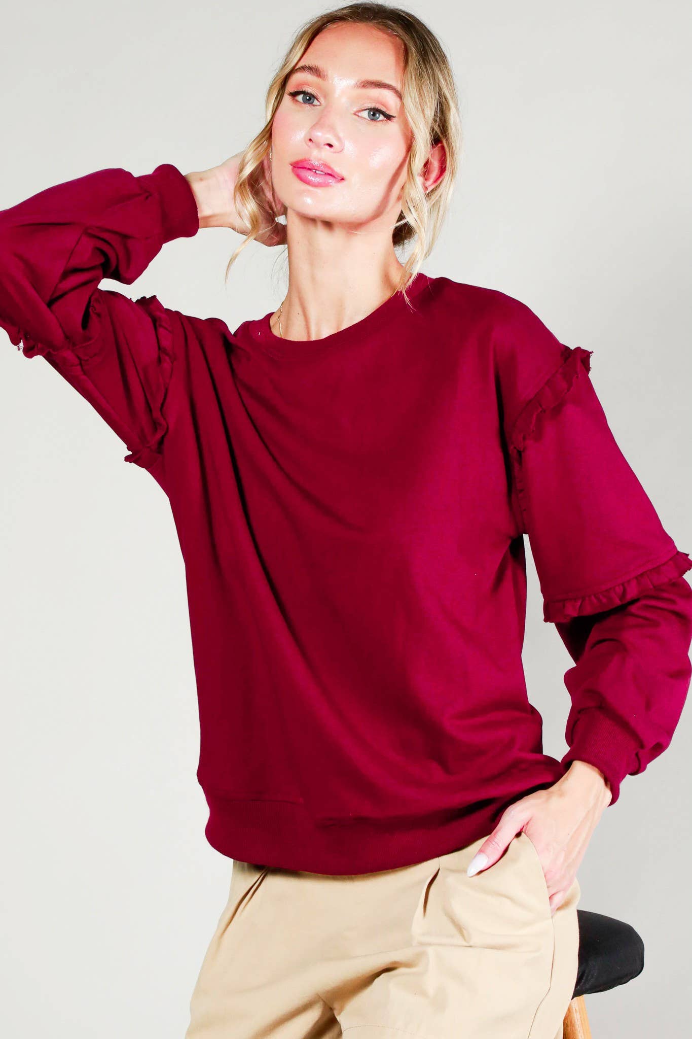Crew Neck Ruffle Detail French Terry Sweatshirt VT70083