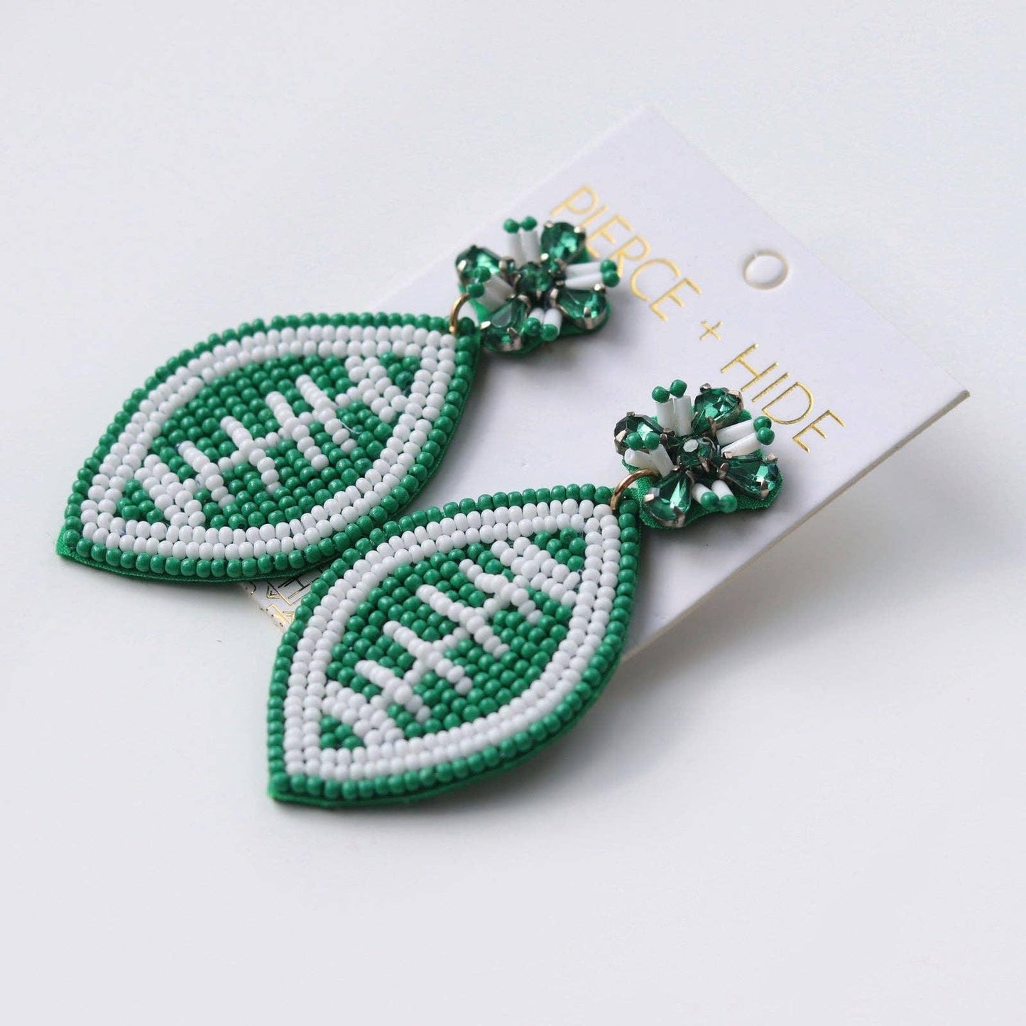 Green and white beaded leaf earrings with crystal floral tops, elegant fashion accessories