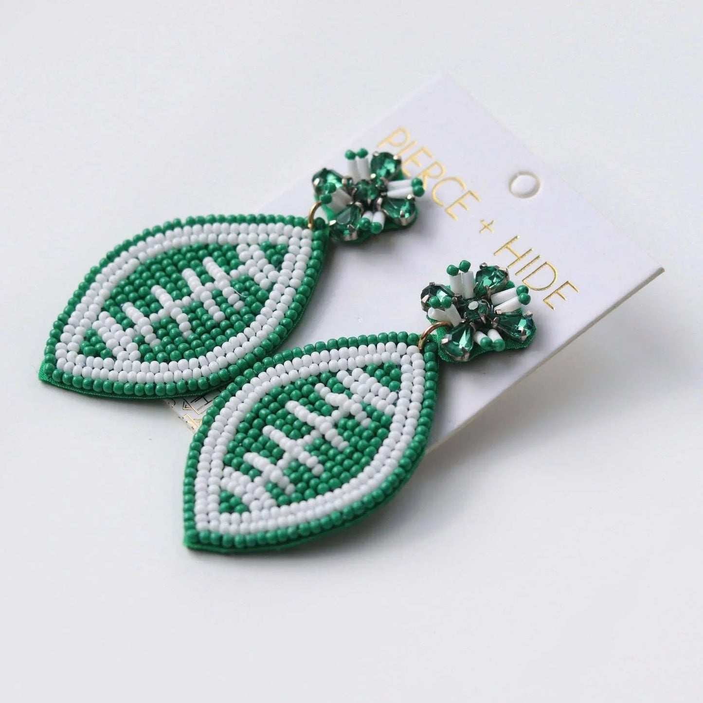 Green and white beaded leaf earrings with crystal floral tops, elegant fashion accessories