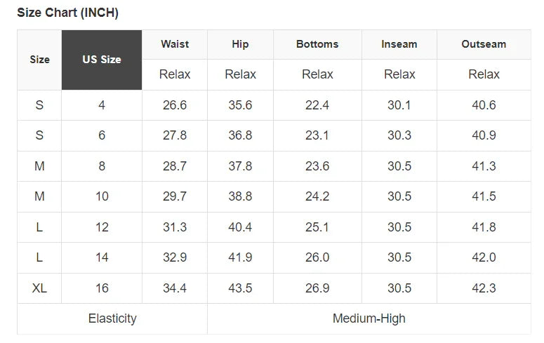 Size chart for women's apparel with US sizes, waist, hip, inseam measurements, and medium-high elasticity