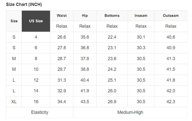 Size chart for women's apparel with US sizes, waist, hip, inseam measurements, and medium-high elasticity