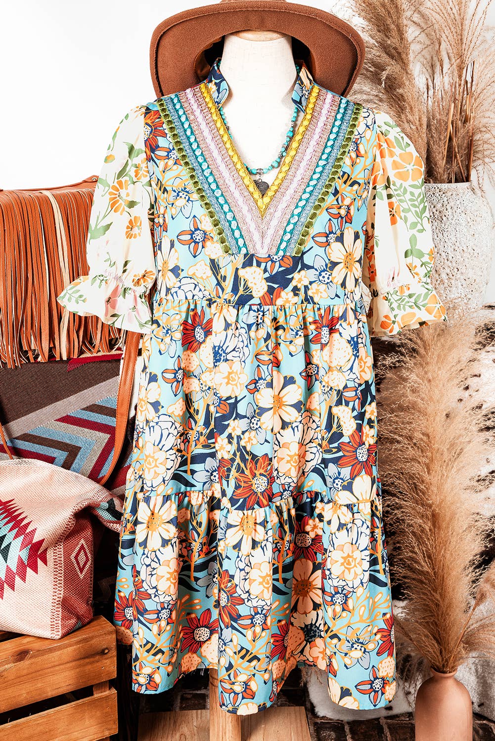 Boho Floral Crochet Patchwork Loose Mini Dress