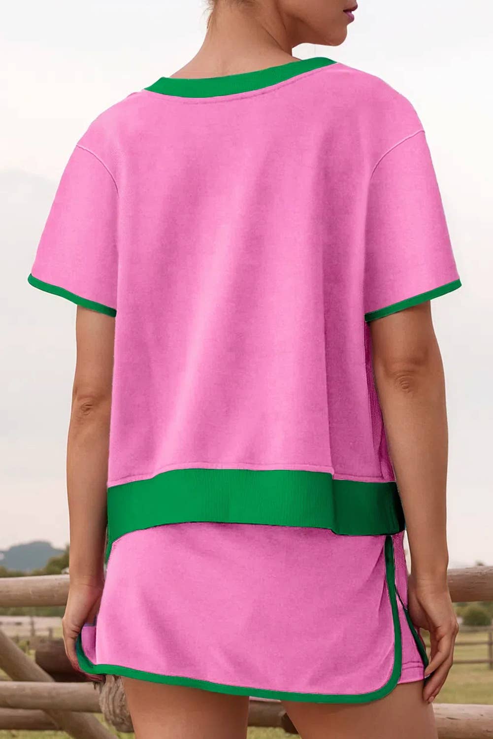 Colorblock Edge Drop Shoulder T Shirt and Skirt 2Pcs Set