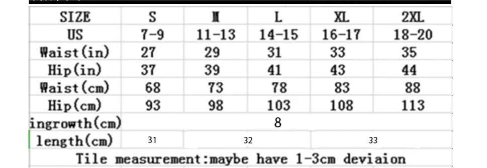 Size chart for women's apparel with waist, hip, and inseam measurements in inches and centimeters