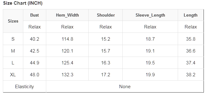 Relaxed fit clothing size chart in inches for S to XL, showing bust, hem, shoulder, sleeve, and length measurements