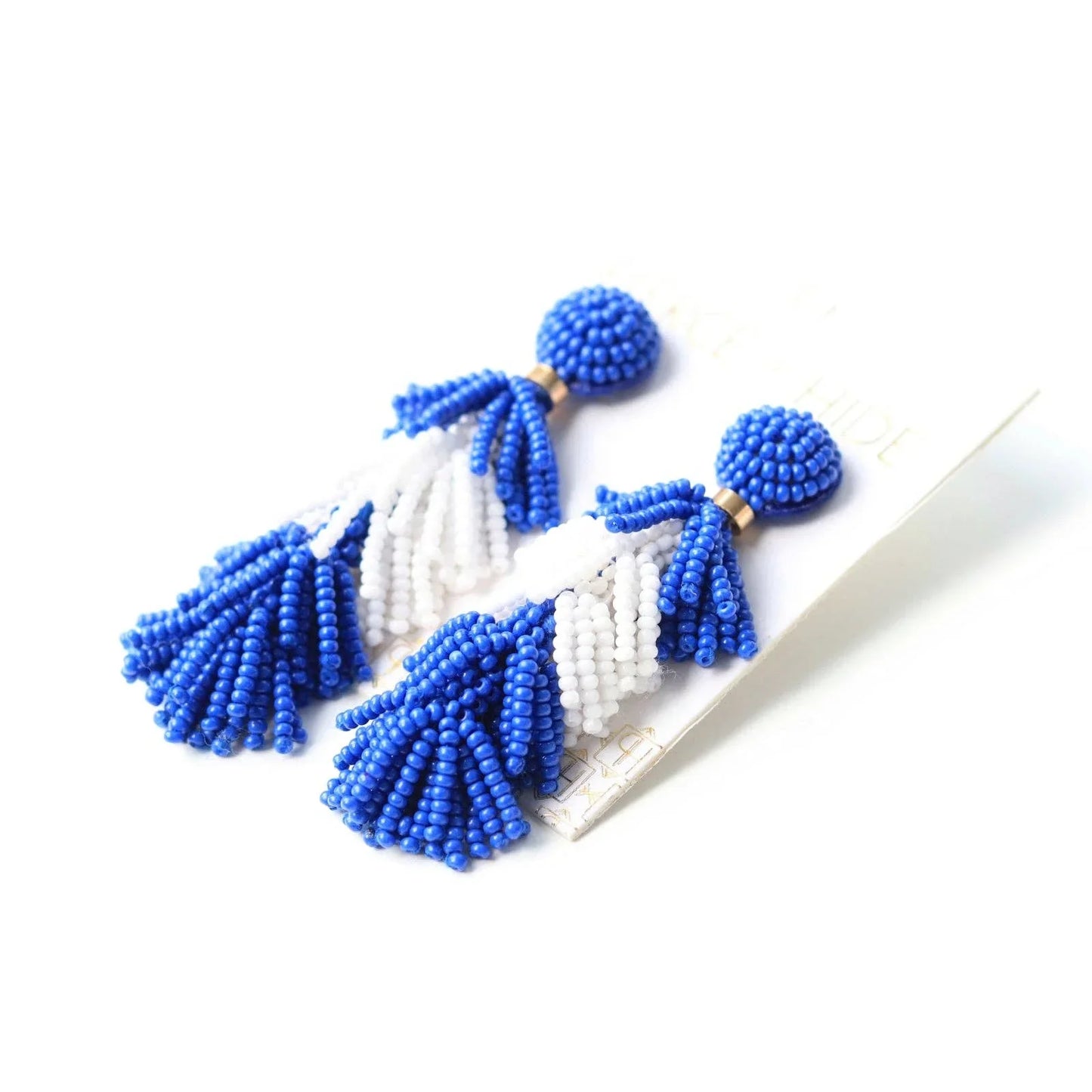 Blue and white beaded tassel earrings, boho statement jewelry for women