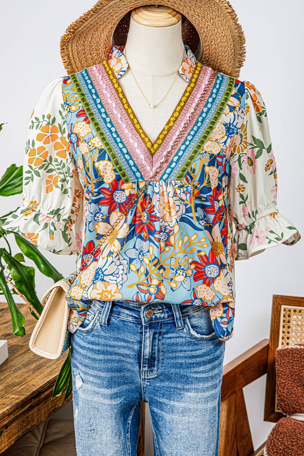 Crochet Boho Half Sleeve Floral Blouse-Missy & Plus Size