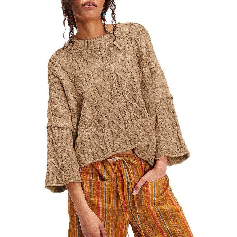 Cropped Cable Knit Sweater | 7/8 Bell Sleeve Pullover Women