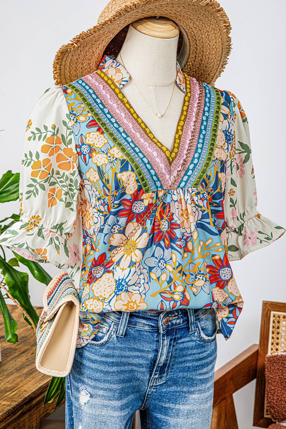 Crochet Boho Half Sleeve Floral Blouse-Missy & Plus Size