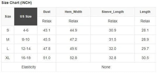 Size chart for women's apparel in inches showing US sizes S to XL with bust, hem, sleeve, and length measurements