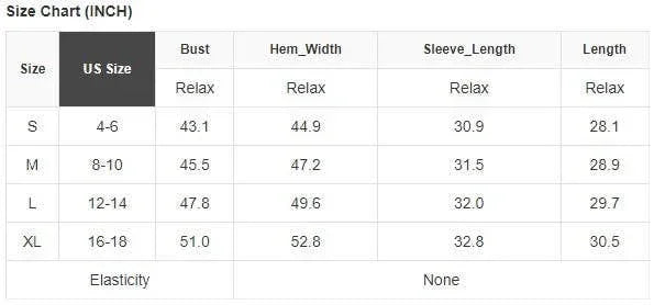Size chart for women's apparel in inches showing US sizes S to XL with bust, hem, sleeve, and length measurements