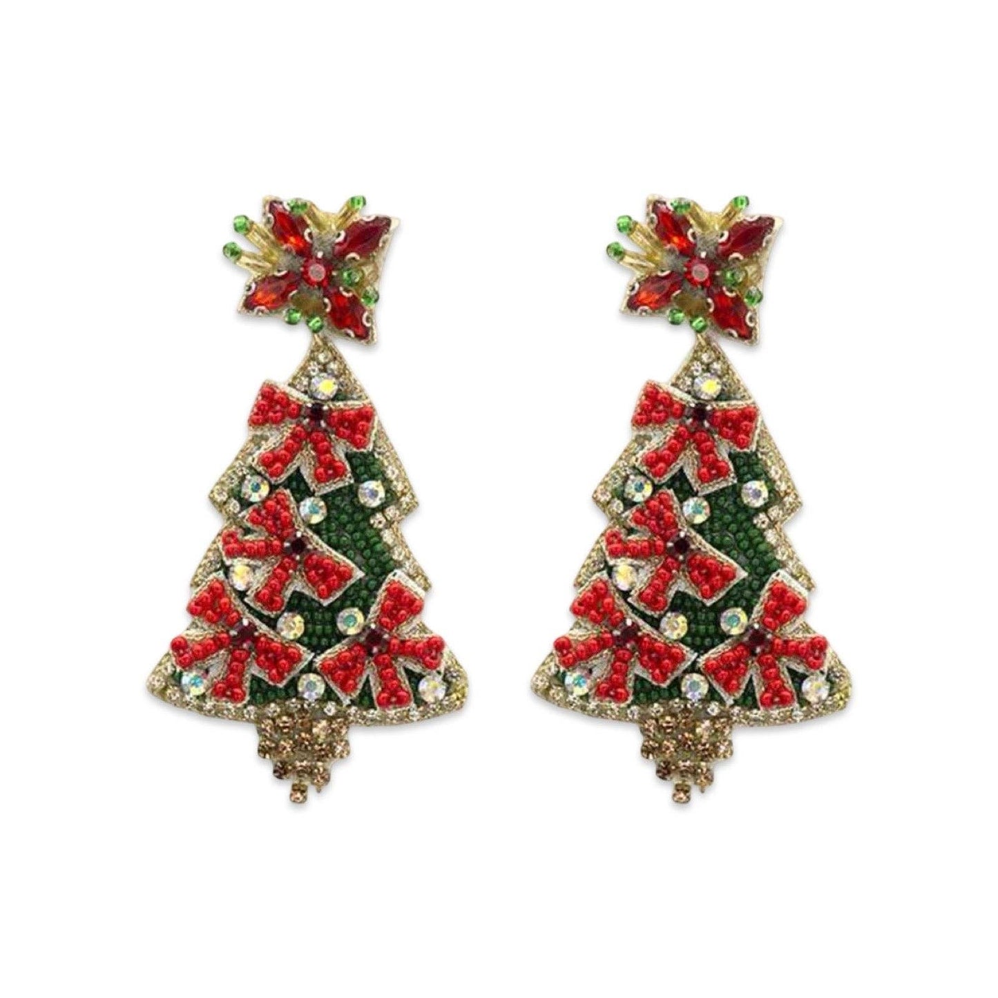 Green + Red Ribbon Christmas Tree Earring| Glitzy Gemstone Tree