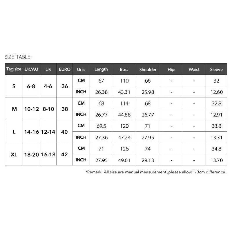 Size chart for apparel with measurements in cm and inches for S to XL sizes