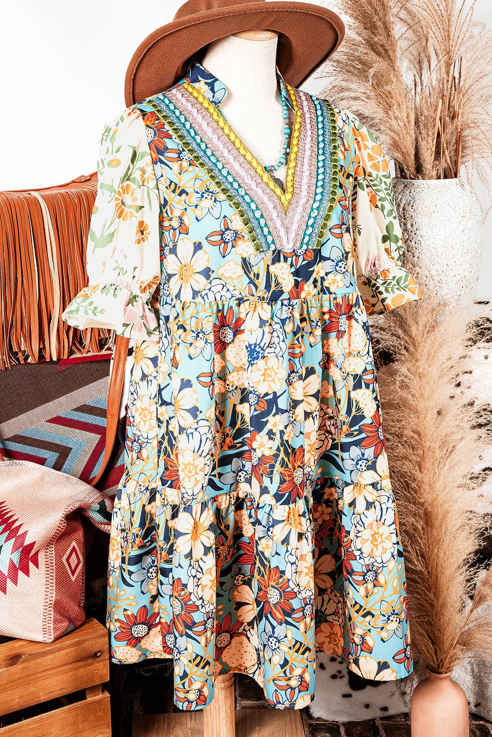 Boho Floral Crochet Patchwork Loose Mini Dress