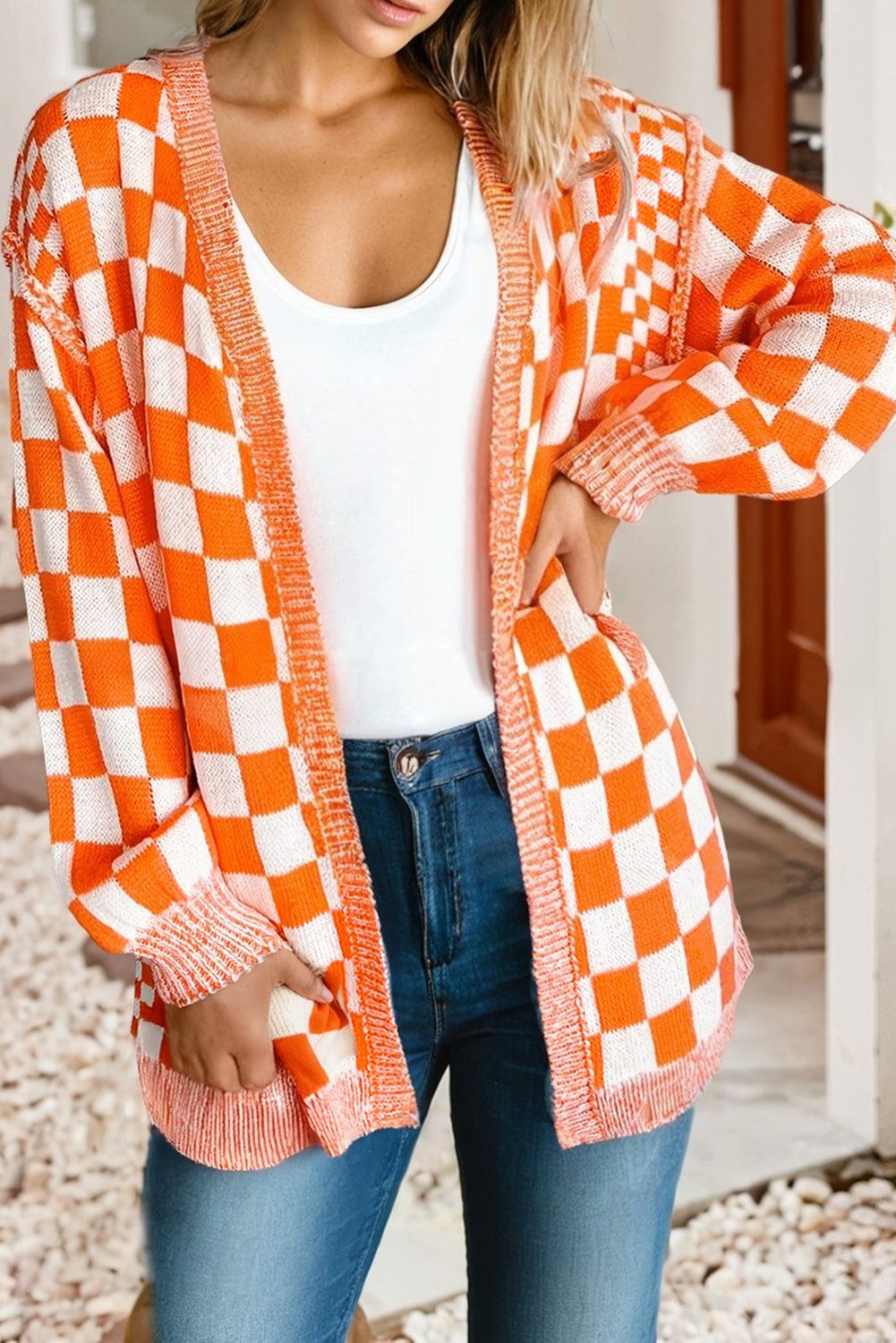 LDC Checkered Open Front Drop Shoulder Cardigan | S-4X