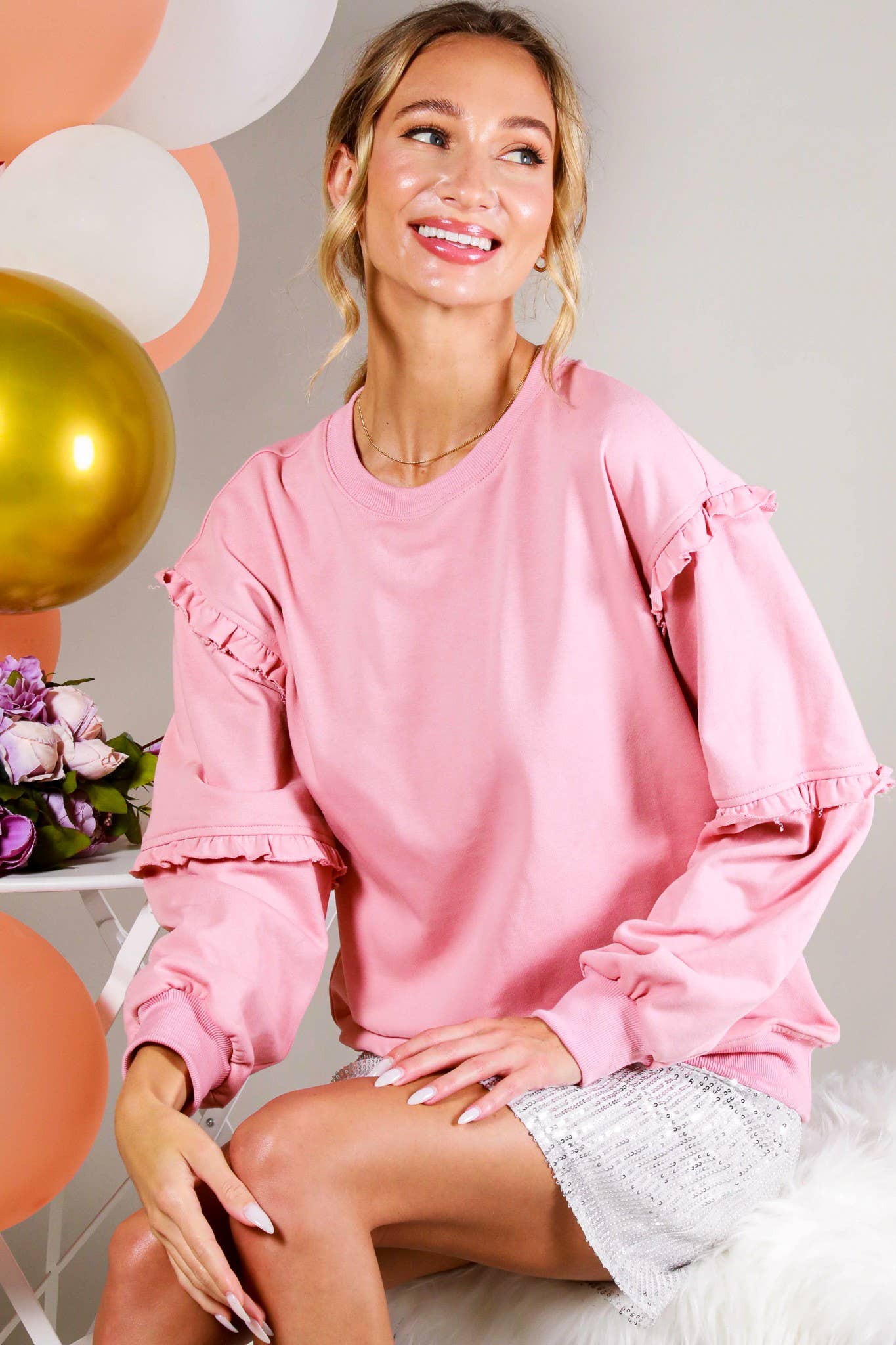 Crew Neck Ruffle Detail French Terry Sweatshirt VT70083