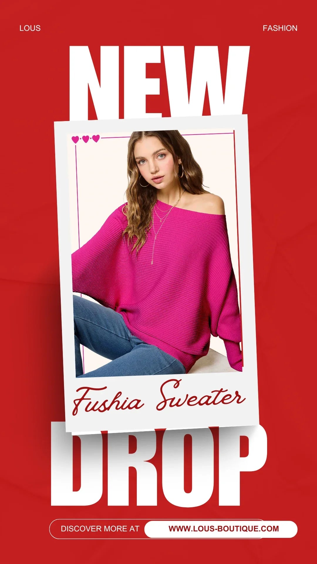 Woman modeling fuchsia oversized sweater and jeans, new fashion collection drop